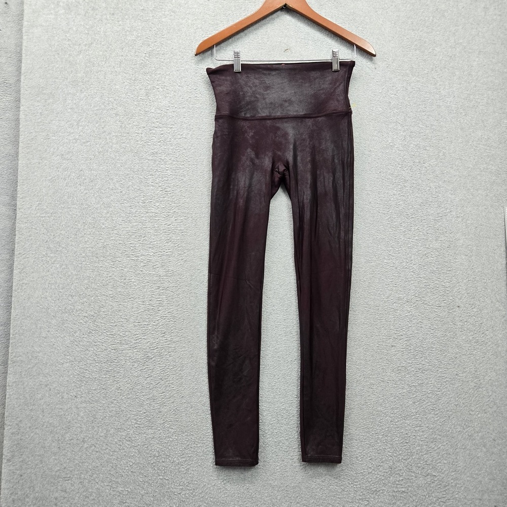 Spanx Women Activewear Pants L Burgundy Leggings Faux Leather 27" Inseam